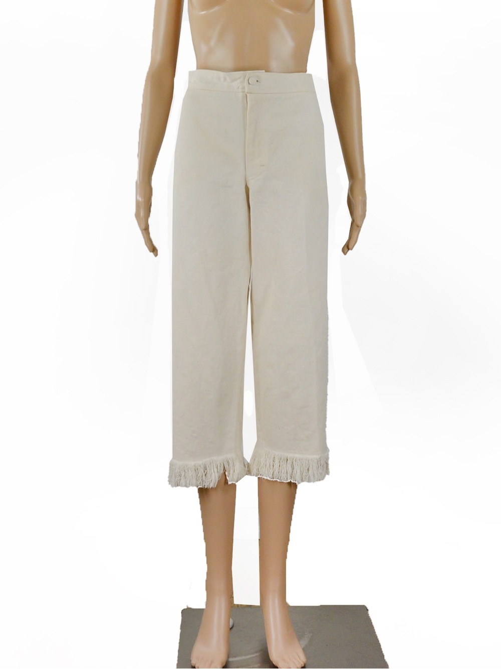 Caralarga Off White Ecru Cream Fringe Hem Cropped Hem Raw Cotton Pants